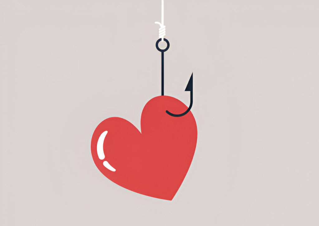 Illustration of a red heart hooked on a fishing hook, symbolising romance scams and emotional manipulation.