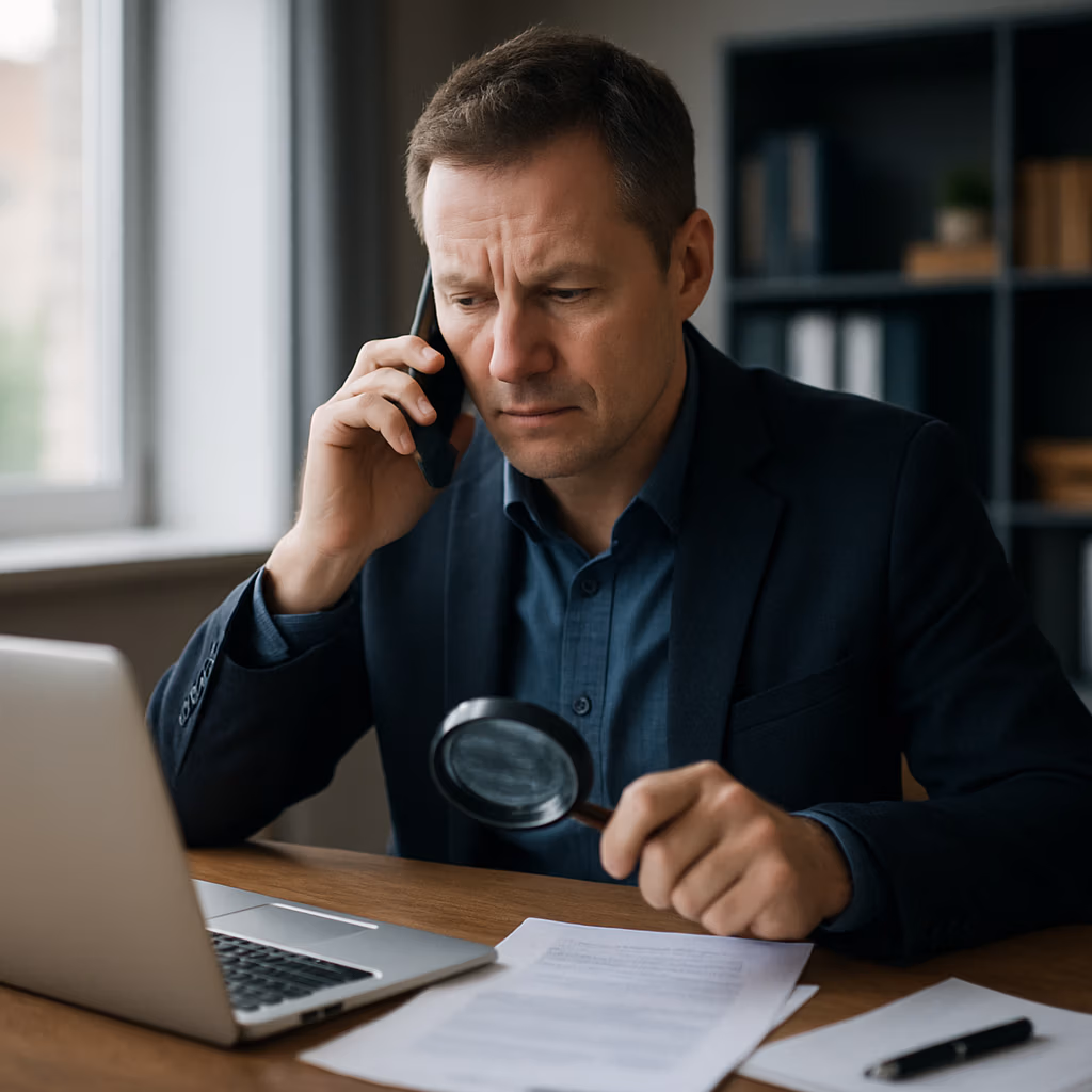 Private investigator preparing to begin a debtor tracing investigation using documentation and digital records.