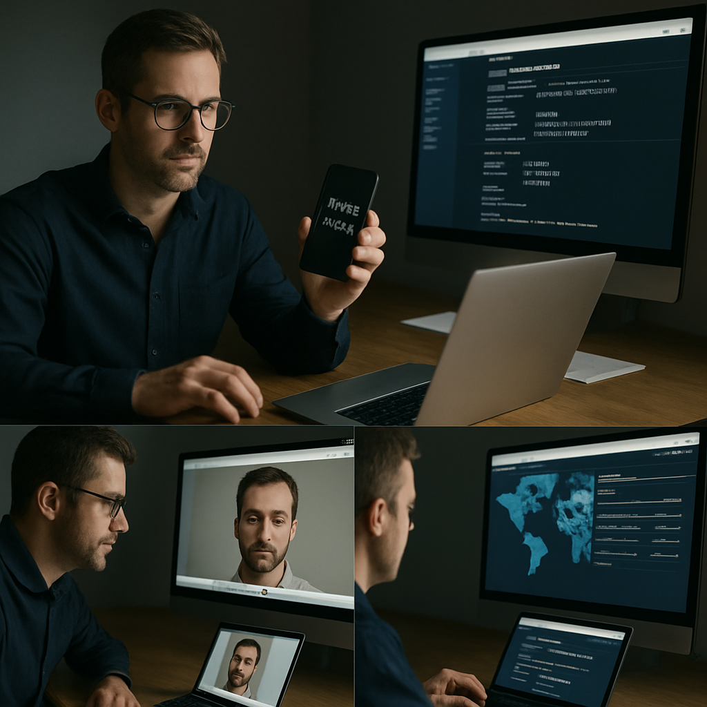 Investigator conducting a digital debtor tracing investigation using secure systems, identity data, and global intelligence platforms.