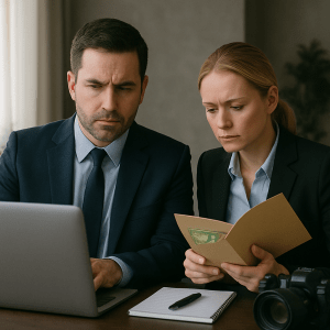 Professional investigators reviewing records and digital data during a debtor tracing investigation.