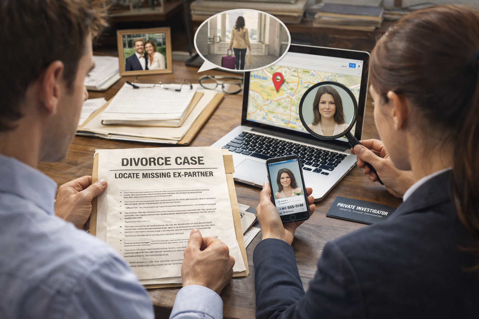 Investigators reviewing divorce papers and digital location data to trace a missing ex-partner for court proceedings.