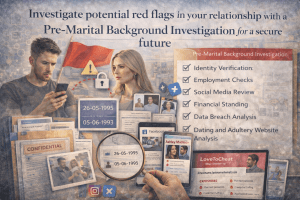 Illustration showing a pre-marital background investigation highlighting relationship red flags, identity verification, social media analysis, data breach exposure, and dating website checks.