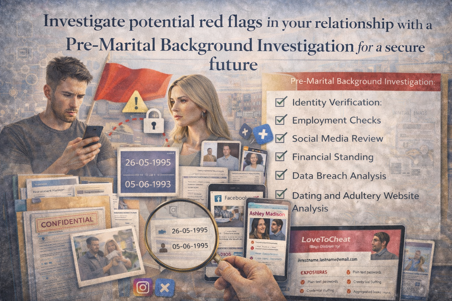 Illustration showing a pre-marital background investigation highlighting relationship red flags, identity verification, social media analysis, data breach exposure, and dating website checks.