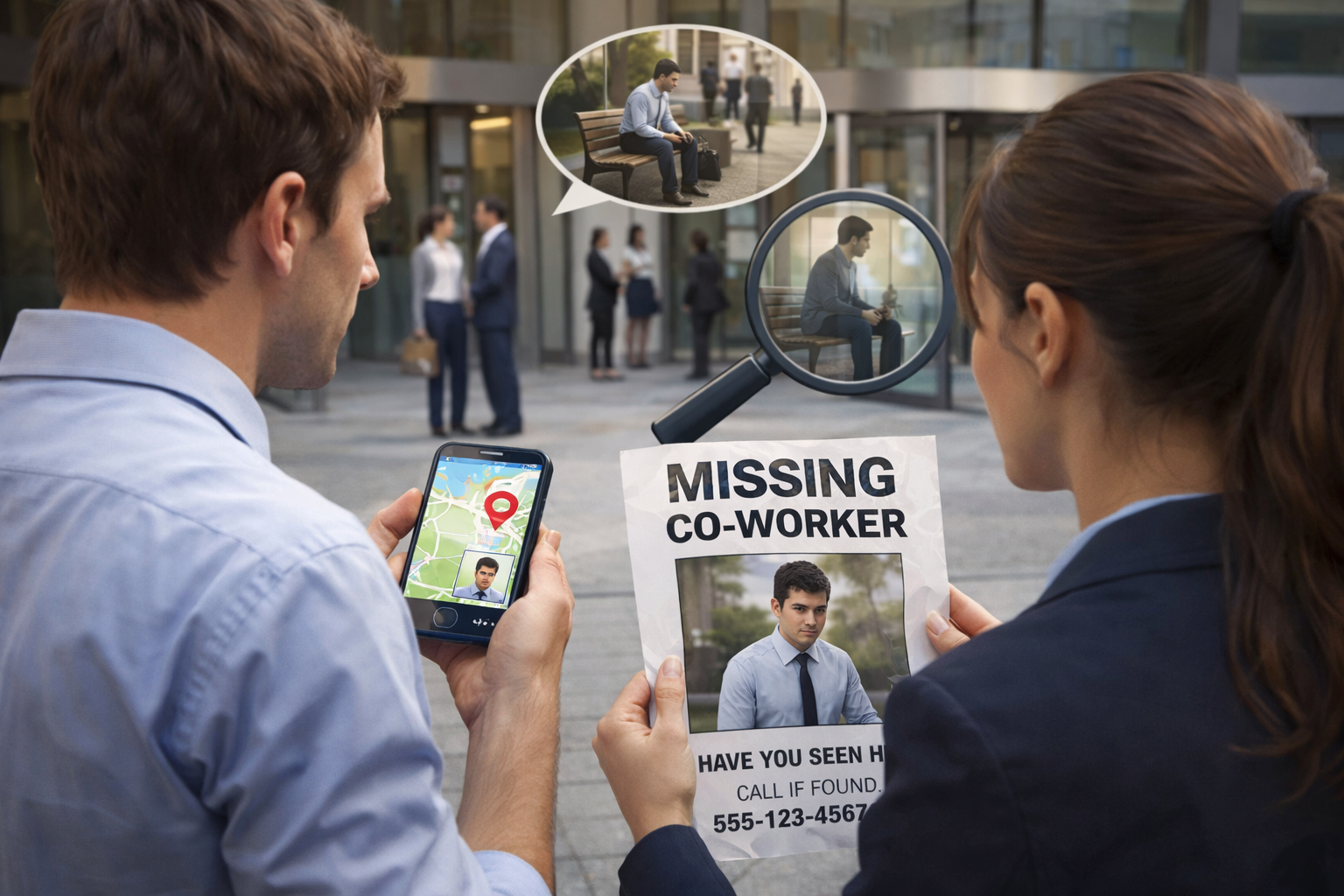 Two colleagues reviewing a missing co-worker notice outside an office building, using a mobile map and flyer to locate a lost colleague