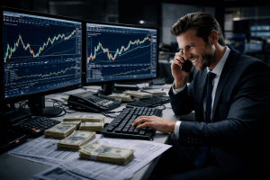 Fraudulent investment trader executing excessive trades on multiple trading screens while generating commission through churning fraud.