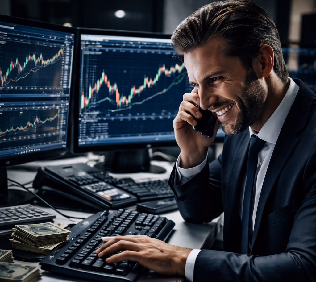 Fraudulent investment trader executing excessive trades to generate commission in a churning fraud scheme, surrounded by multiple trading screens and cash.