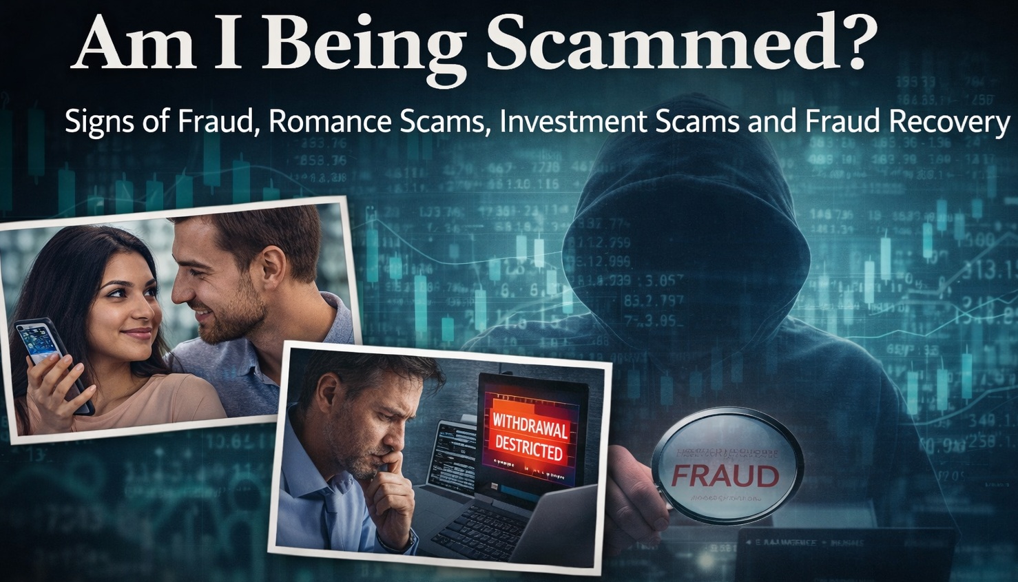 Am I Being Scammed fraud investigation image showing romance scam, investment scam warning signs, withdrawal restriction alert and anonymous fraudster background.