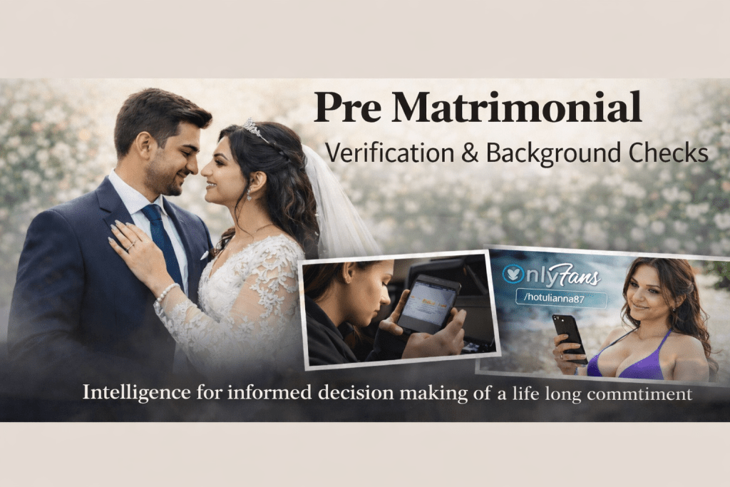 Pre-matrimonial background checks showing a British groom and Eastern European bride, with inset images of suspicious phone messages and a woman promoting an only fans online profile, emphasising due diligence before marriage.