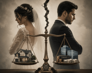 an estranged bride and groom separated by a crack, standing behind scales of justice balancing a family home against business assets and cash, symbolising asset division and financial disclosure in matrimonial proceedings